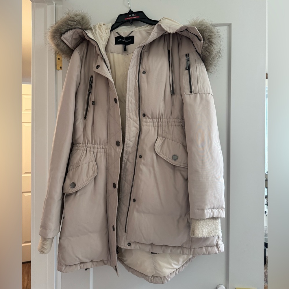 BCBGMaxAzria Light Beige Fur-Trimmed Puffer Coat